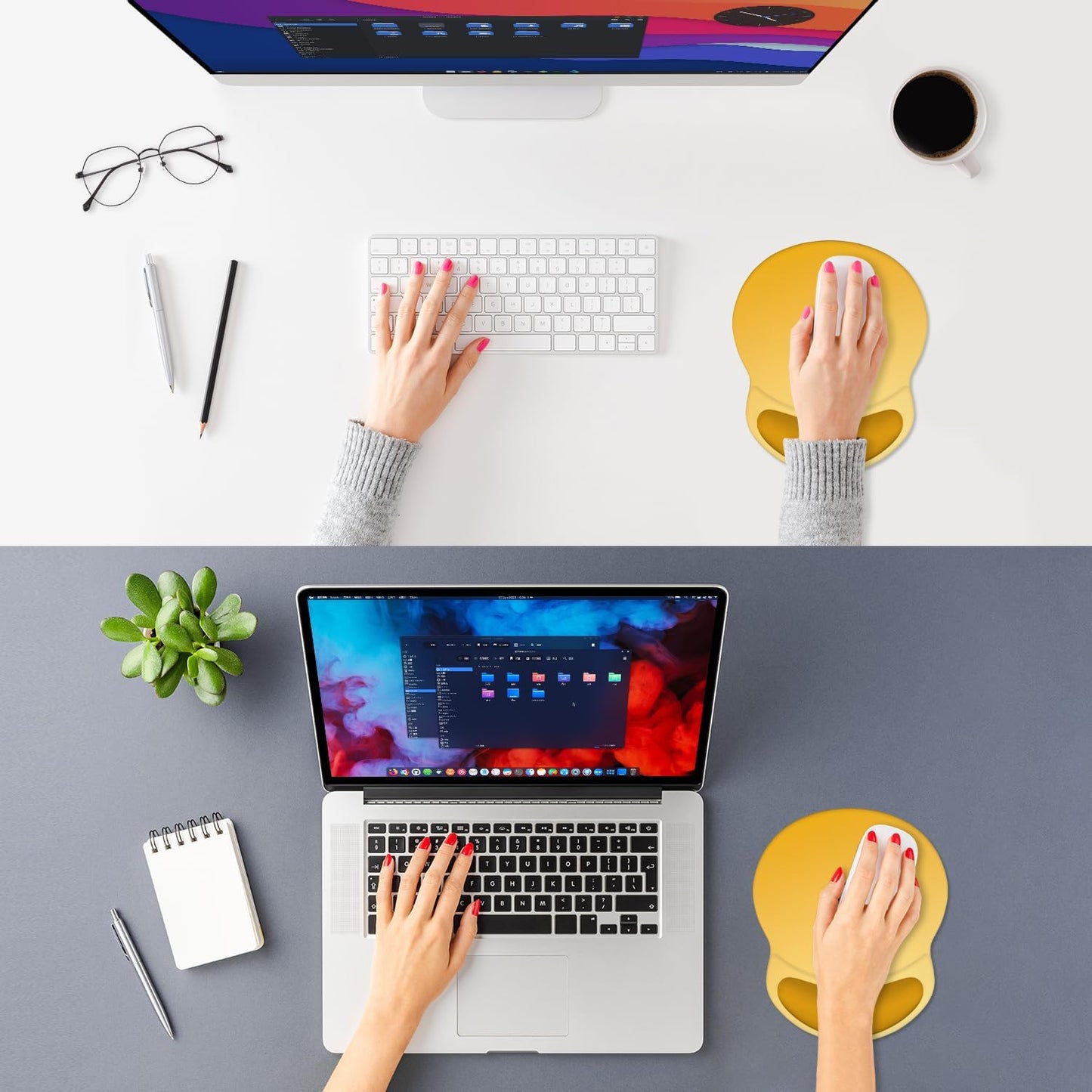 ITNRSIIET Ergonomic Mouse Pad with Comfort Gel Wrist Rest, Non-Slip PU Base, Smooth Textured Surface, Reduces Hand Fatigue & Wrist Pain, 8.7 x 7.2 Inch for Office Gaming Home, Yellow Gradient