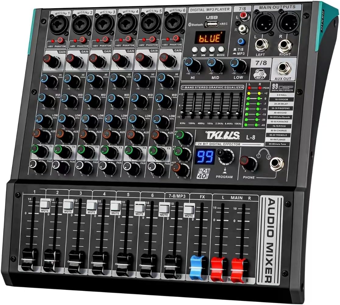 Audio Mixer, TKLBLS Professional 8 Channel DJ Mixer Board with 99-Bit DSP, Sound Board Mixing Console 7-Band EQ Output, USB Audio Interface, Bluetooth 48V Phantom Power For Karaoke Studio Streaming