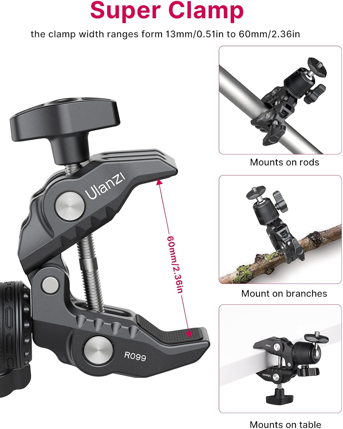 ULANZI R099 Super Clamp Camera Mount - Heavy Duty 3.3lb Load Metal Clamp with 360° Ball Head for Action Cameras (GoPro/Insta360/DJI), DSLR, Bike/Motorcycle Handlebar, Pole/Tube Mount Accessories