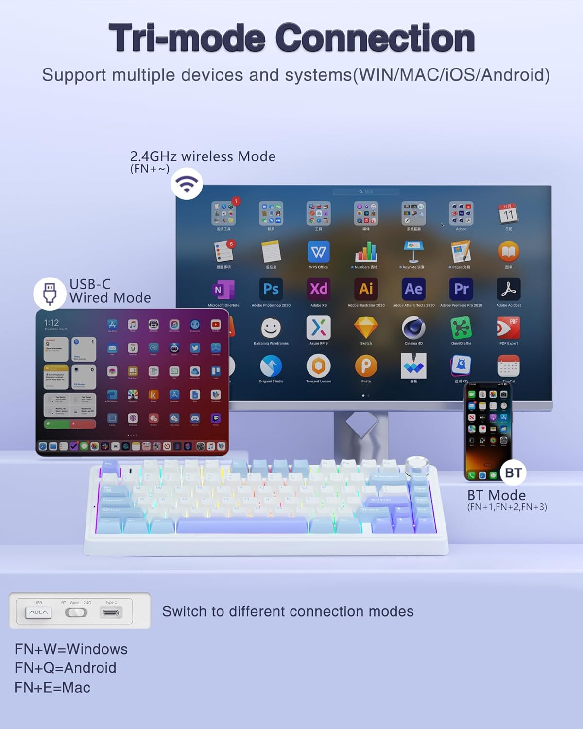 AULA F75 75% Wireless Mechanical Keyboard, Hot Swappable Creamy Keyboard, Pre-lubed Star Vector Switches RGB Backlit Gaming Keyboards, 2.4GHz/Type-C/BT5.0(White&Blue&Purple)