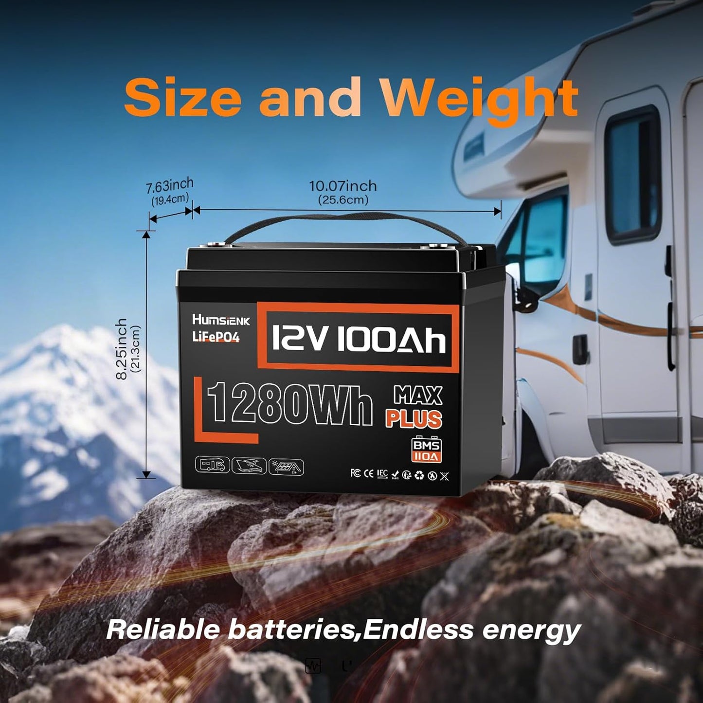 12V 100Ah LiFePO4 Battery MAX PLUS - 110A BMS with Low Temp Cutoff | 15000+ Deep Cycles for RV Solar Marine Trolling Motor | Off-Grid Backup Power Rechargeable Lithium Iron Phosphate Battery