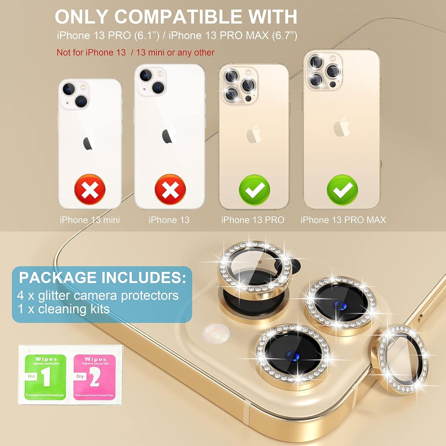 Choiche [3+1 for iPhone 13 Pro/iPhone 13 Pro Max Camera Lens Protector Bling, 9H Tempered Glass Camera Cover Screen Protector Metal Ring Decoration Accessories (Diamond-Gold)