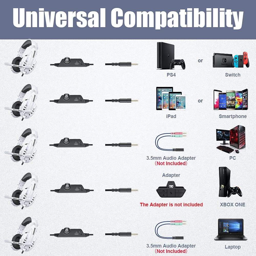 BENGOO Pro Gaming Headset for PS4 PS5 PC Xbox One Controller, Noise Cancelling Over Ear Headphones with Mic, LED Light, Bass Surround, Soft Memory Earmuffs for Laptop Mac - White