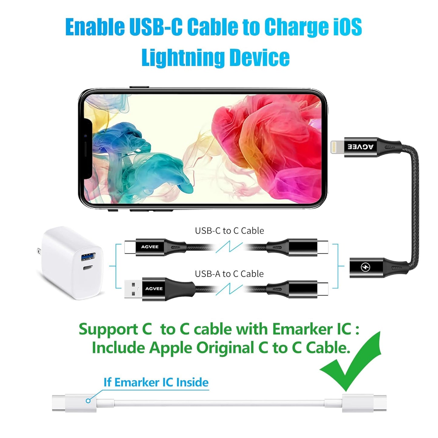 AGVEE 2 Pack 4 inch USB-C Female to Lightning Male Adapter, 30W Fast Charging Charger Converter for iPhone 14 13 12 11 Airpods iOS Device Carplay, Not for Audio, Black