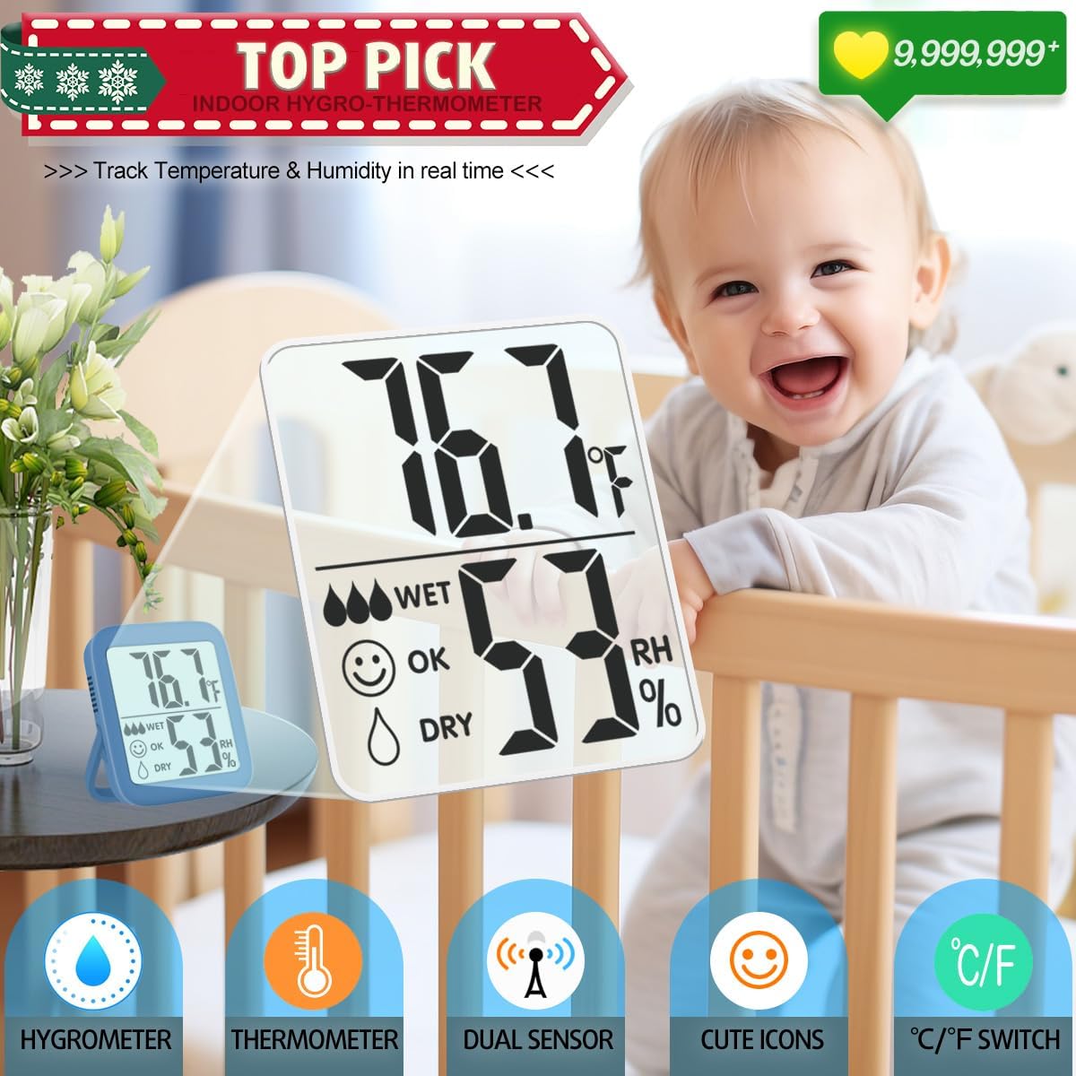 Antonki 2 Pack Room Thermometer for Home, Indoor Hygrometer Humidity Meter Gauge, Digital Temperature and Humidity Sensor Monitor for House, Terrarium, Incubator, Greenhouse - Battery Included