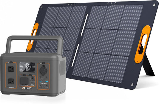 ALLWEI 500W Solar Generator with 100W Solar Panel, 512Wh LiFePO4 Portable Power Station with AC Outlets(1000W Surge), Battery Generator for RVs Outdoor Camping CPAP Home Backup Power Outage
