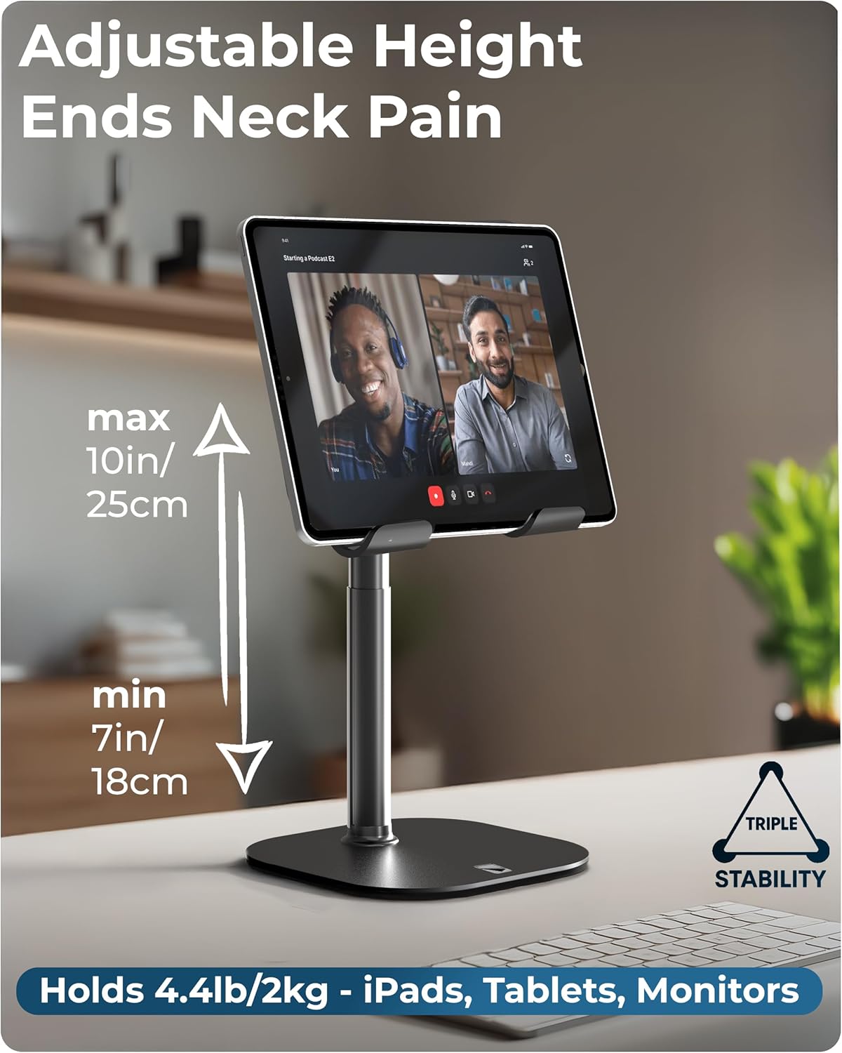 COOPER TabHolder, 7-10" Height Adjustable Tablet Stand, Premium iPad Stand for Desk, 270° Tilt Portable Monitor Holder for 15.6-17" Displays, for All iPad, Kindle, Surface, Samsung Tablets (Black)