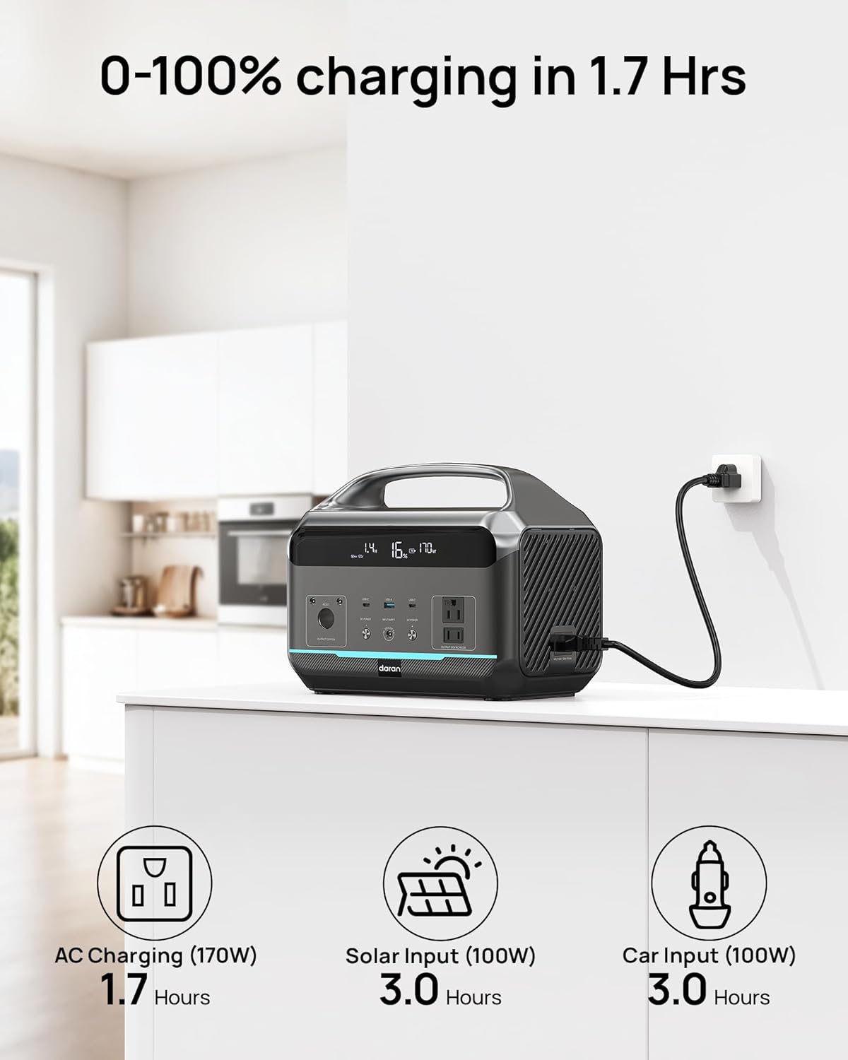 DaranEner Portable Power Station, Outdoor 288Wh(90,000mAh) LiFePO4 Battery, 600W(1200W Surge) AC Outlets, 1.7H Fast Charging Solar Generator for Camping, RV Travel, Home Use（Solar Optional)