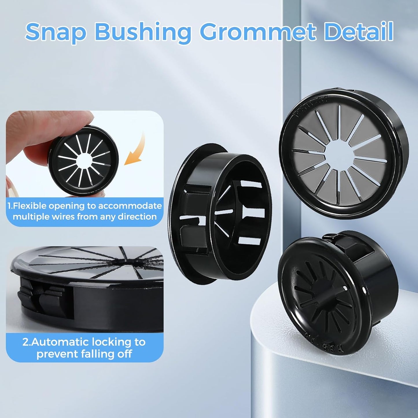 25 Pcs Cable Grommet, Snap Bushing 1" (25 mm) Mounting Diameter, Flexible Petal-Shaped Buckle Round Nylon Desk Grommet for Wires Through Countertop Cord Organizer and Protection, Black