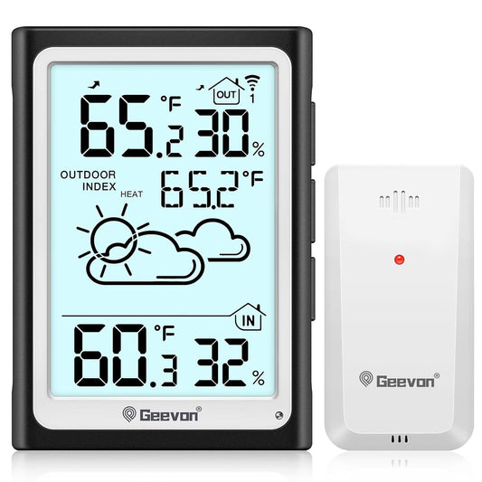 Geevon Large Display Digital Thermometer Hygrometer, Accurate Indoor Outdoor Temperature Humidity Monitoring, Wireless Weather Station with 200ft/60m Range Remote Sensor, Black