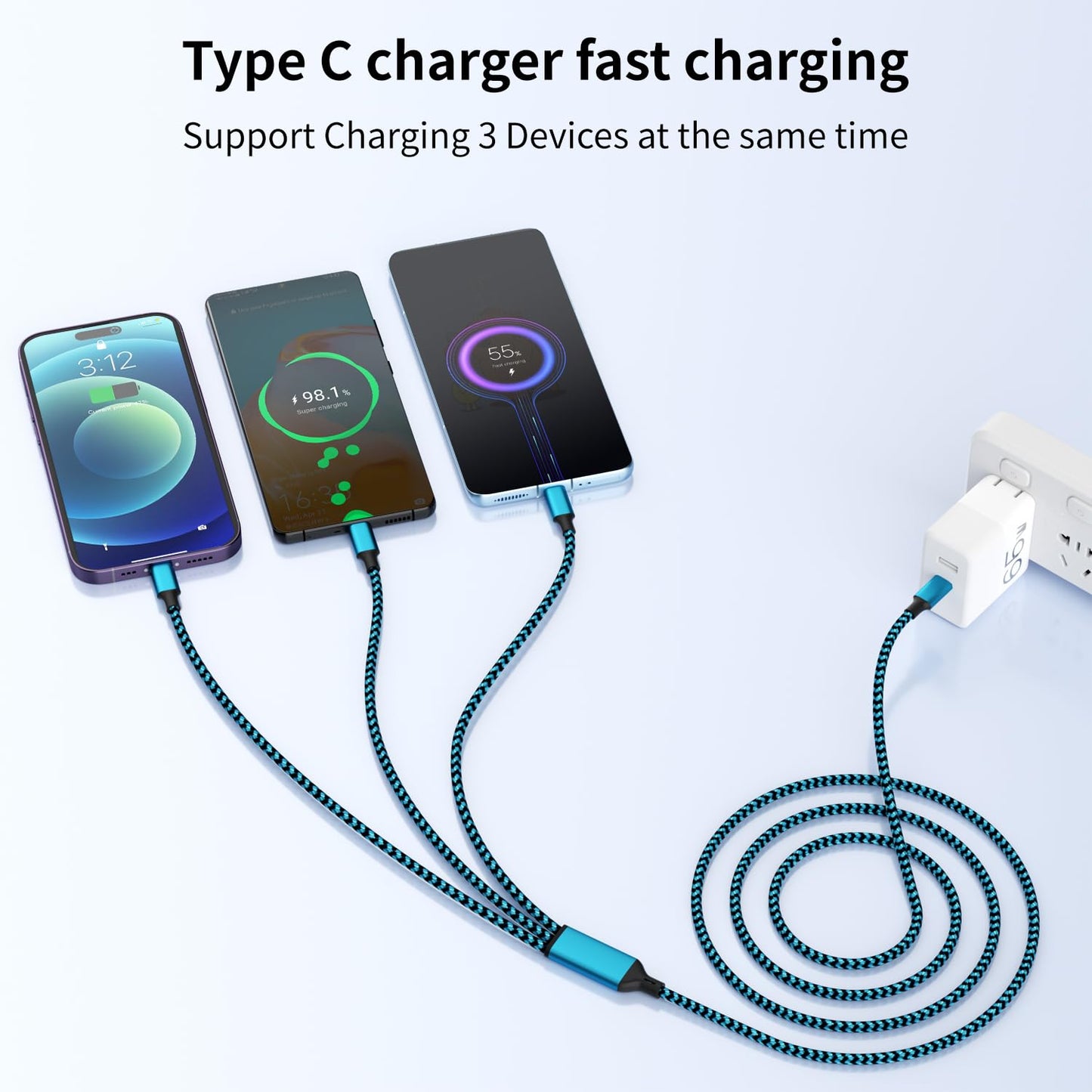 100W USB C Multi Charging Cable,3 in 1 USB C Cable Fast Charging with E-Mark Chip,Universal Charging Cable with Type-C, Micro USB,IP Port for iPhone16/15/Cell Phones and More