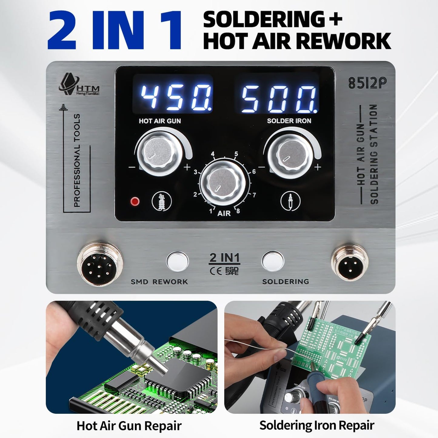 HengTianMei 720W Hot Air Soldering Station 2-IN-1 SMD Soldering Iron Station with 2 Helping Hands, 3 Soldering Tips, 5 Nozzles, Sleep Mode, Fast Heating, 392℉-932℉, for Electronics PCB Repair（8512P）