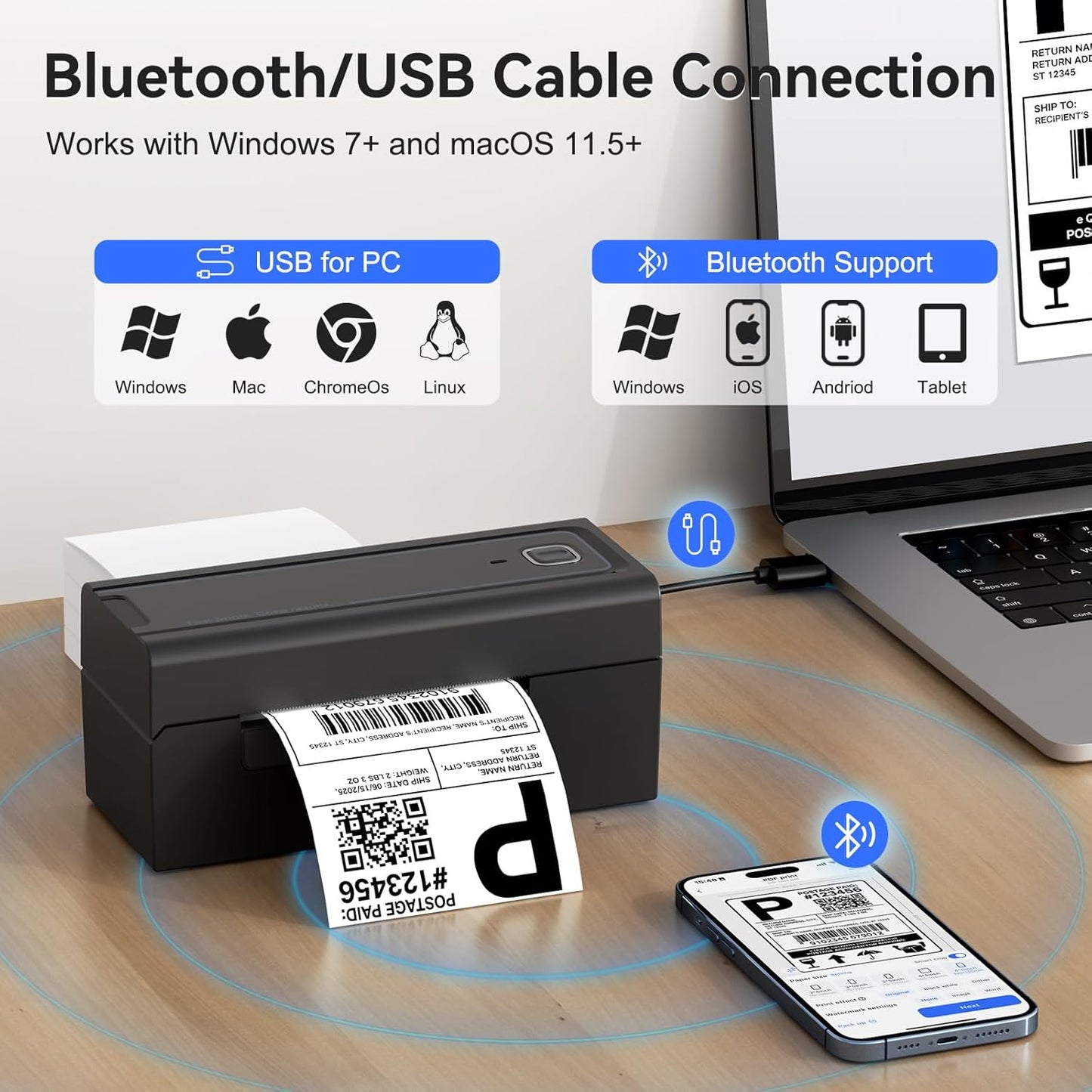 Bluetooth Thermal Shipping Label Printer, Wireless 4x6 Shipping Label Printer for Packages, High-Speed Thermal Printer Compatible with Android, iOS & Windows for Amazon, Ebay, Shopify, USPS