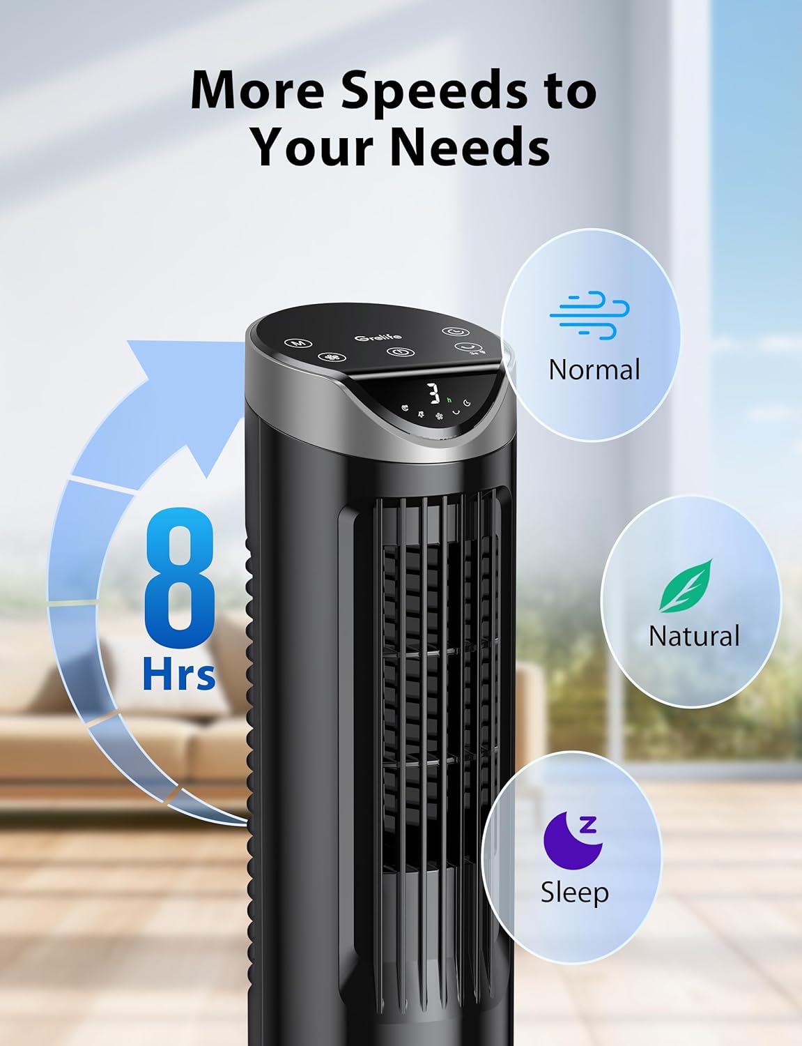 Grelife 13" Electronic Tower Fan with Remote Control, 3 Speed & 3 Modes, 90° Oscillation, LED Display, 7.5H Timer, Quiet Bladeless Cooling – Portable Space-Saving for Bedroom Office, Home