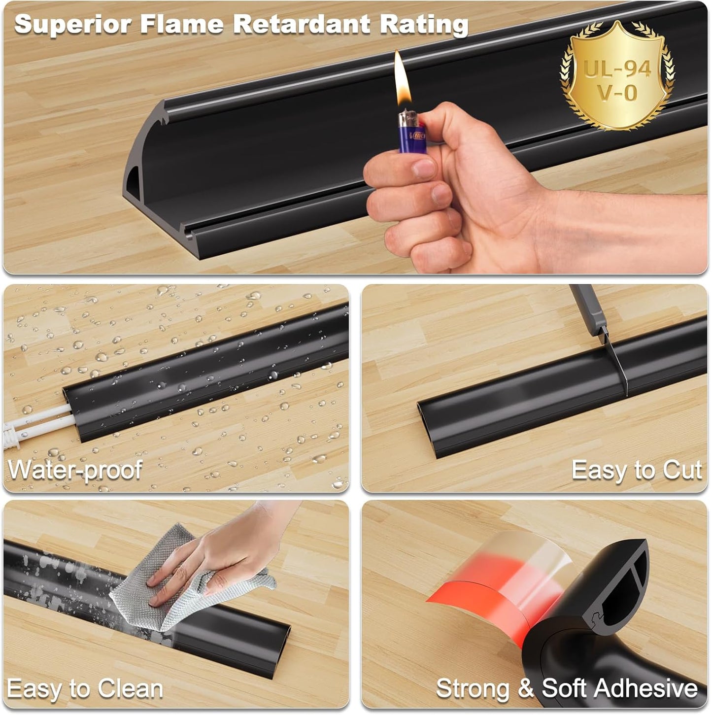 6FT Side-Open Extension Cord Covers for Wires on Floor,Silicone Power Cable Protector Cord Hider Management Strip,Hide Electric Wire on Carpet,Chord Runner Protective Safety Wiremold,Black