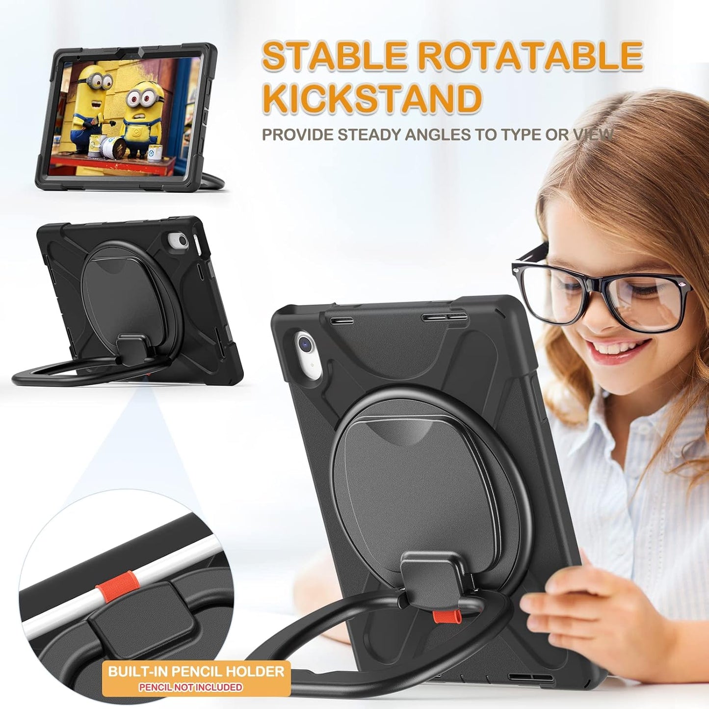 BRAECN Case for iPad (A16) 11th/10th Generation 11”/10.9'' 2025/2022, Protective Silicone Rugged with Screen Protector/Swivel Ring Stand/Stable Kickstand/Handle Grip/Shoulder Strap for Kids, Black