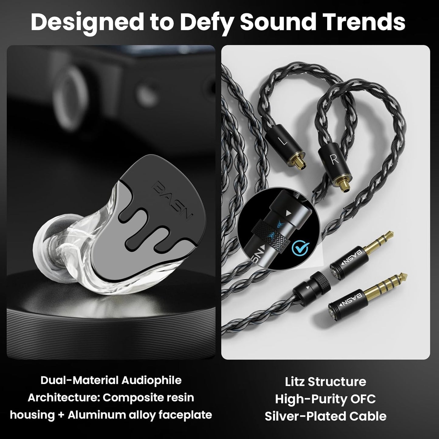 BASN BmasterX in Ear Audio Monitor, Hybrid 6 Drivers IEM Earphones with Crystal Clear Sound, Detachable Cable Plus Carrying Case & Fit Kit for Musician, Stage, Studio (3.5mm/4.4mm Jack, Black/Silver)