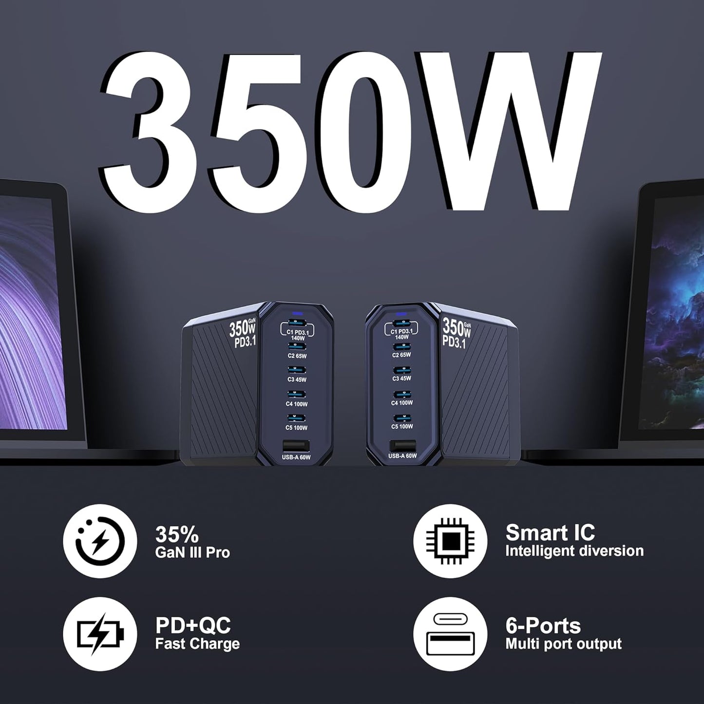 350W USB C Charger, 6-Ports PD3.1 140W Fast Charging Station, GaN Foldable Charger Block for MacBook Pro/Air, iPad, iPhone 16 15 Pro Max, Galaxy S24/S23 Ultra and More