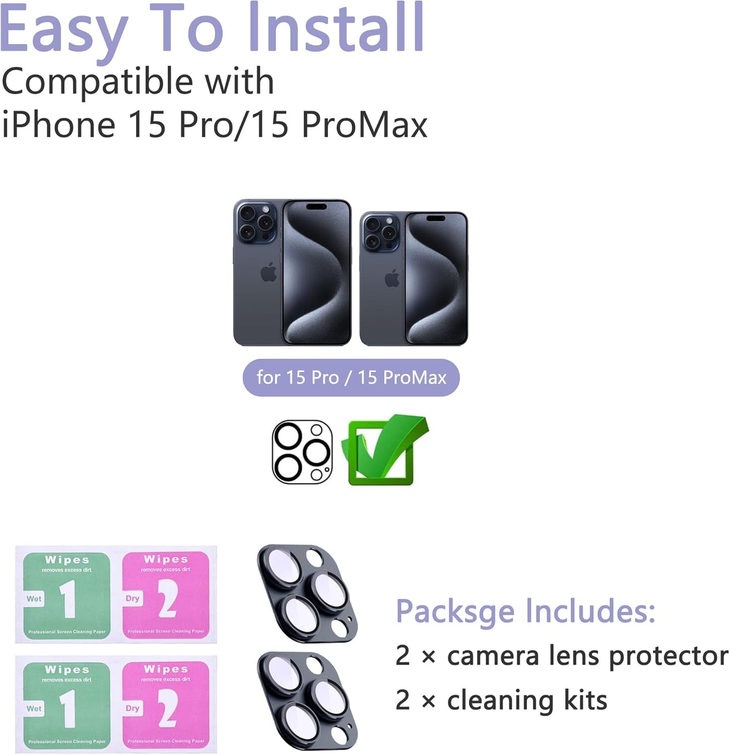 2 Pack Camera Lens Protector for iPhone 15 Pro/iPhone 15 Pro Max,[Not Easy to Breakn ] AR Tempered Glass Strong Adsorption Metal Camera Cover Screen-Inky blue