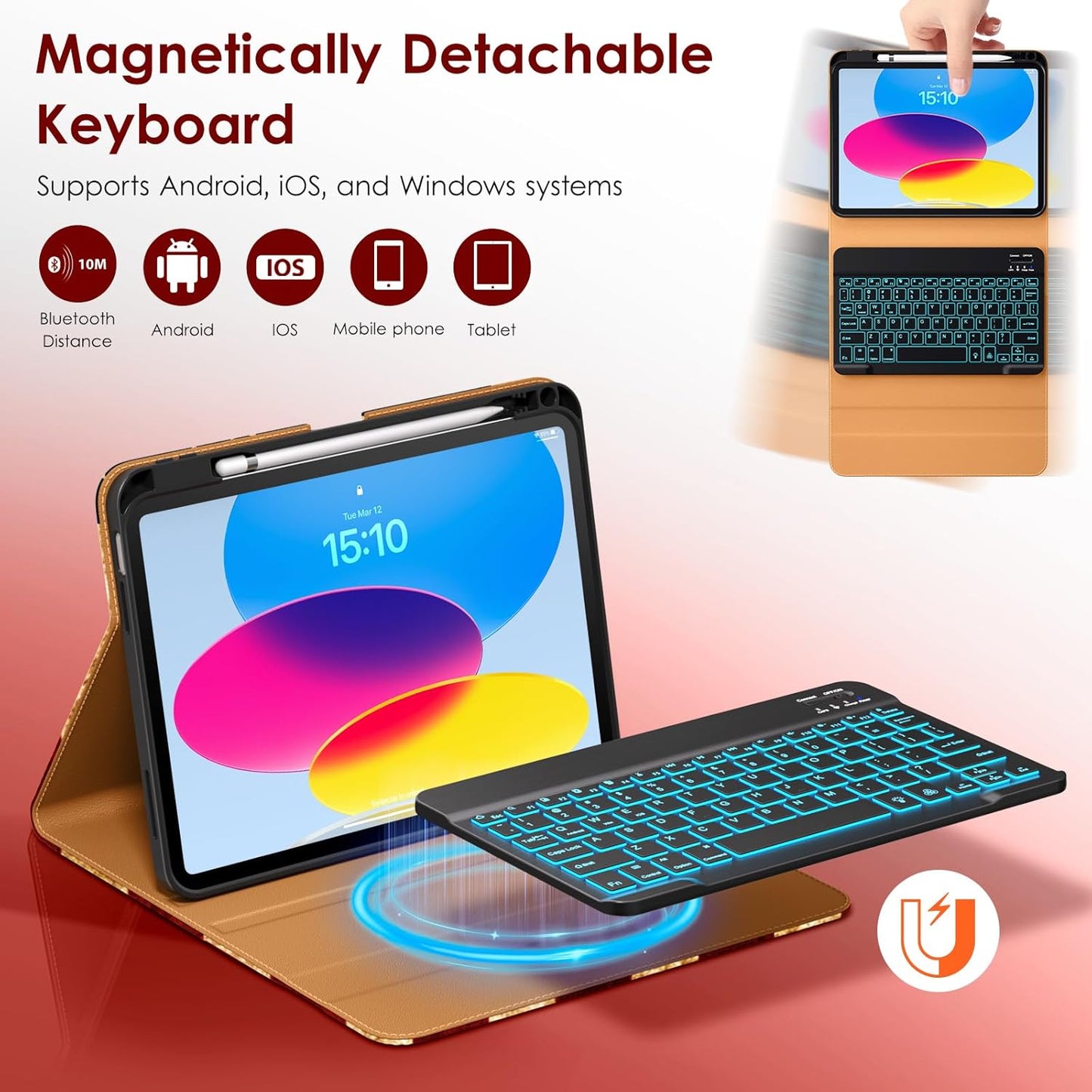 DTTO for iPad 11th (A16)/ 10th Generation Case with Keyboard (2025/2022), 7 Colors Backlit Wireless Detachable Keyboard Leather Folio Cover with Pencil Holder & Pocket, US Flag