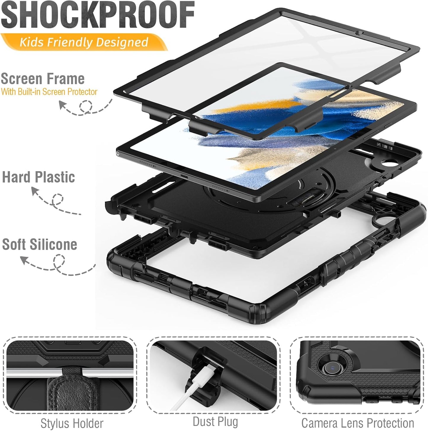 HXCASEAC Case for Samsung Galaxy Tab A8 10.5 inch, Protective with Screen Protector/Hand Strap/Pen Holder, Sturdy Shockproof A8 Tablet Case 2022 SM-X200/X205/X20 - Black