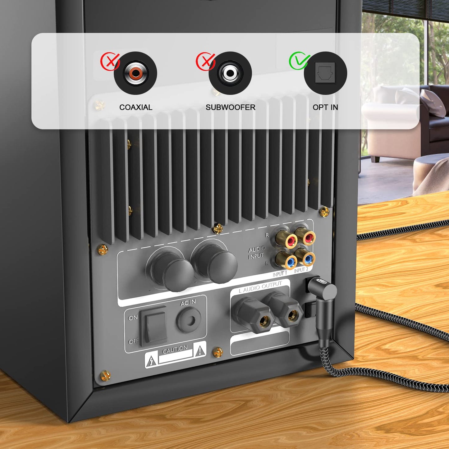 EMK 90 Degree Right Angle Optical Audio Cable [24ft/7.6M] - 360° Rotatable Digital Toslink SPDIF Cable for Soundbar to TV, Home Theater - Black Fiber Optic Cable with Angled Connector