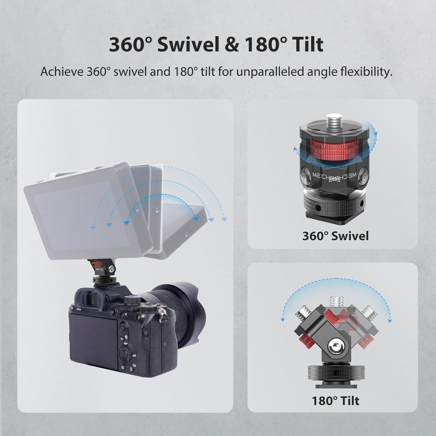 Mini Camera Monitor Mount with Cold Shoe, Aluminum Cold Shoe Mount Adapter with 1/4″ Screw for Monitor LED Light Mic, Field Monitor Holder 360° Swivel & 180° Tilt Damping (Without Knob 63143)