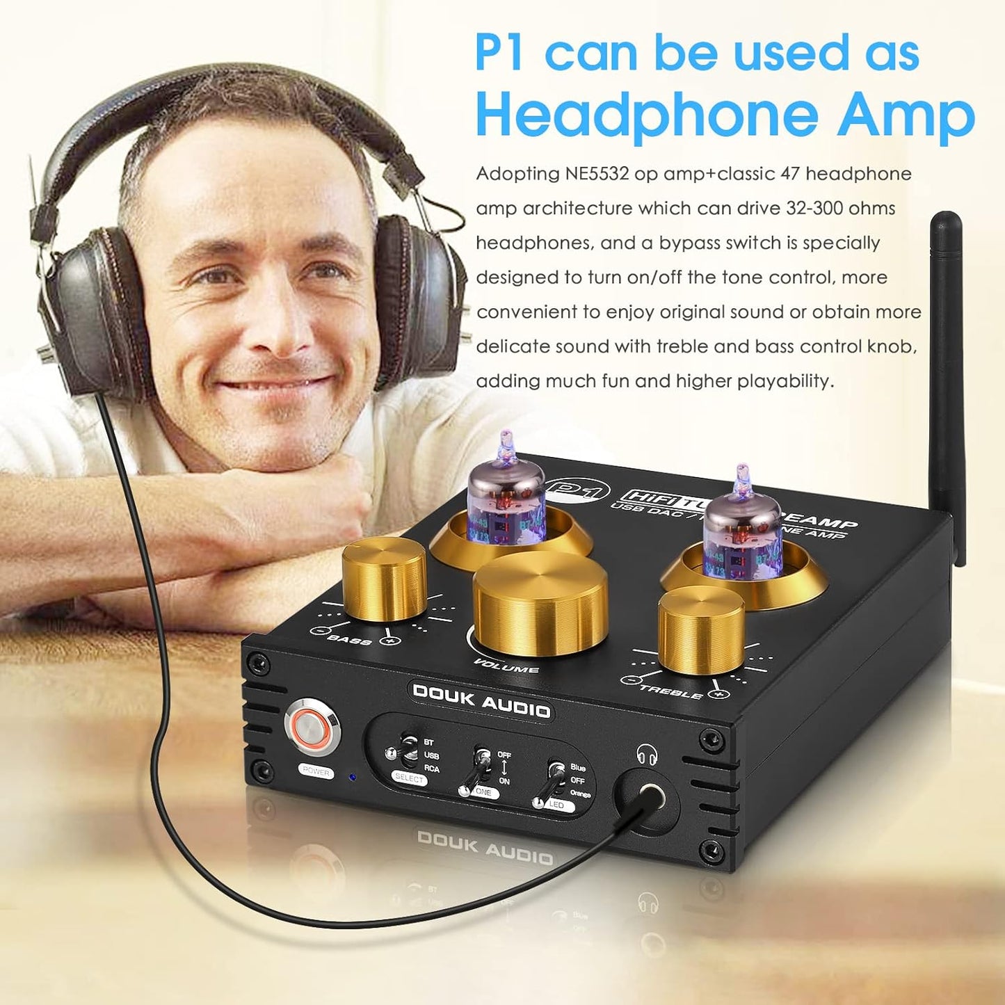Douk Audio P1 Vacuum Tube Bluetooth Preamplifier, GE5654 Audio Preamp, Hi-Fi Headphone Amp, Stereo Wireless Receiver with USB DAC & APTX-HD for Home Theater Amplifier/Active Speaker