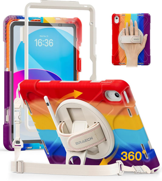 BRAECN for iPad (A16) 11th/10th Generation case 11/10.9 inch 2025/2022 Heavy Duty Shockproof Protective with Pencil Holder Screen Protector 360°Rotating Stand Handle & Shoulder Strap Full Body Cover