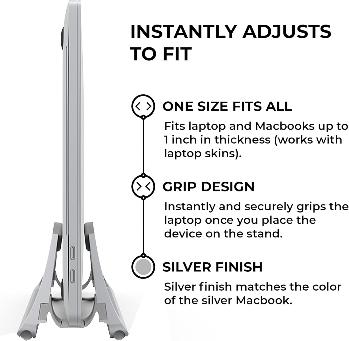 HumanCentric Vertical Laptop Stand for Desks in Silver Color, Upright Adjustable Holder to Dock Apple MacBook, MacBook Pro, and Other Laptops to Organize Work & Home Office, Automatic Grip
