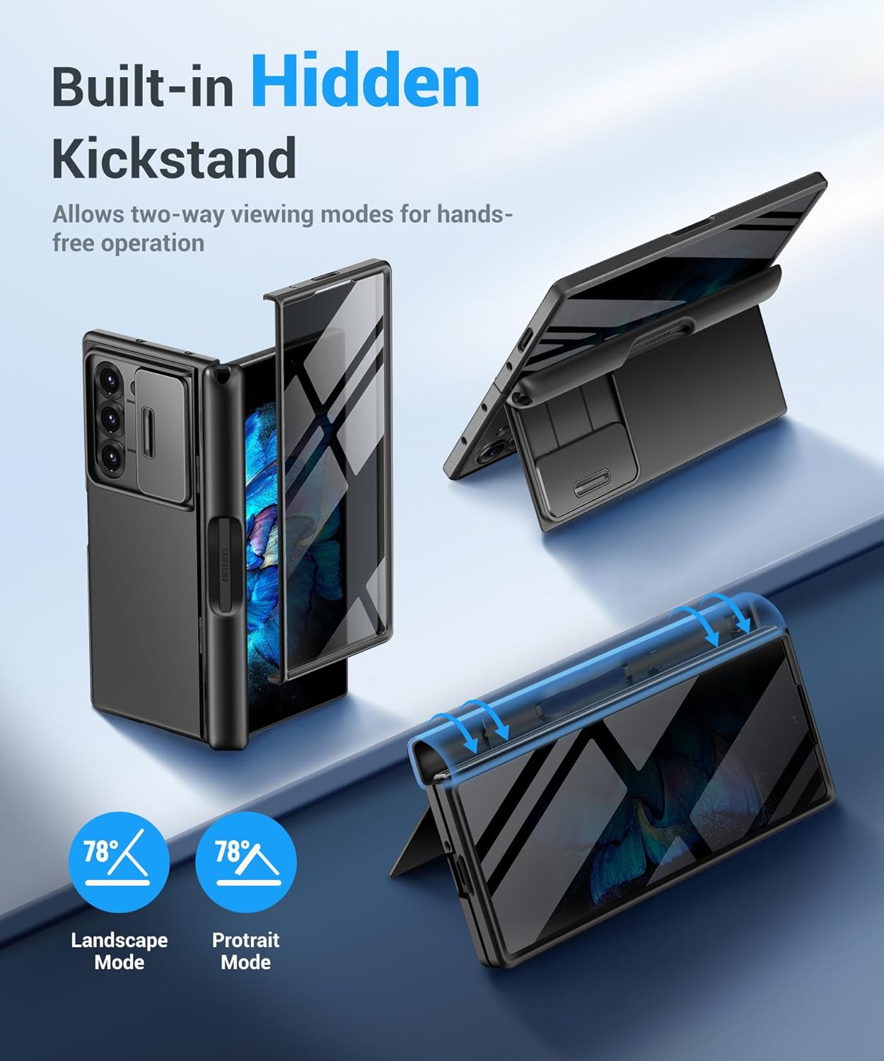 BERFY for Z Fold 7 Case with Privacy Screen Protector, [Anti Spy] Military Grade Hidden Kickstand & Slide Camera Cover, Full Body Shockproof Slim Hard Phone Case for Samsung Galaxy Z Fold 7, Black