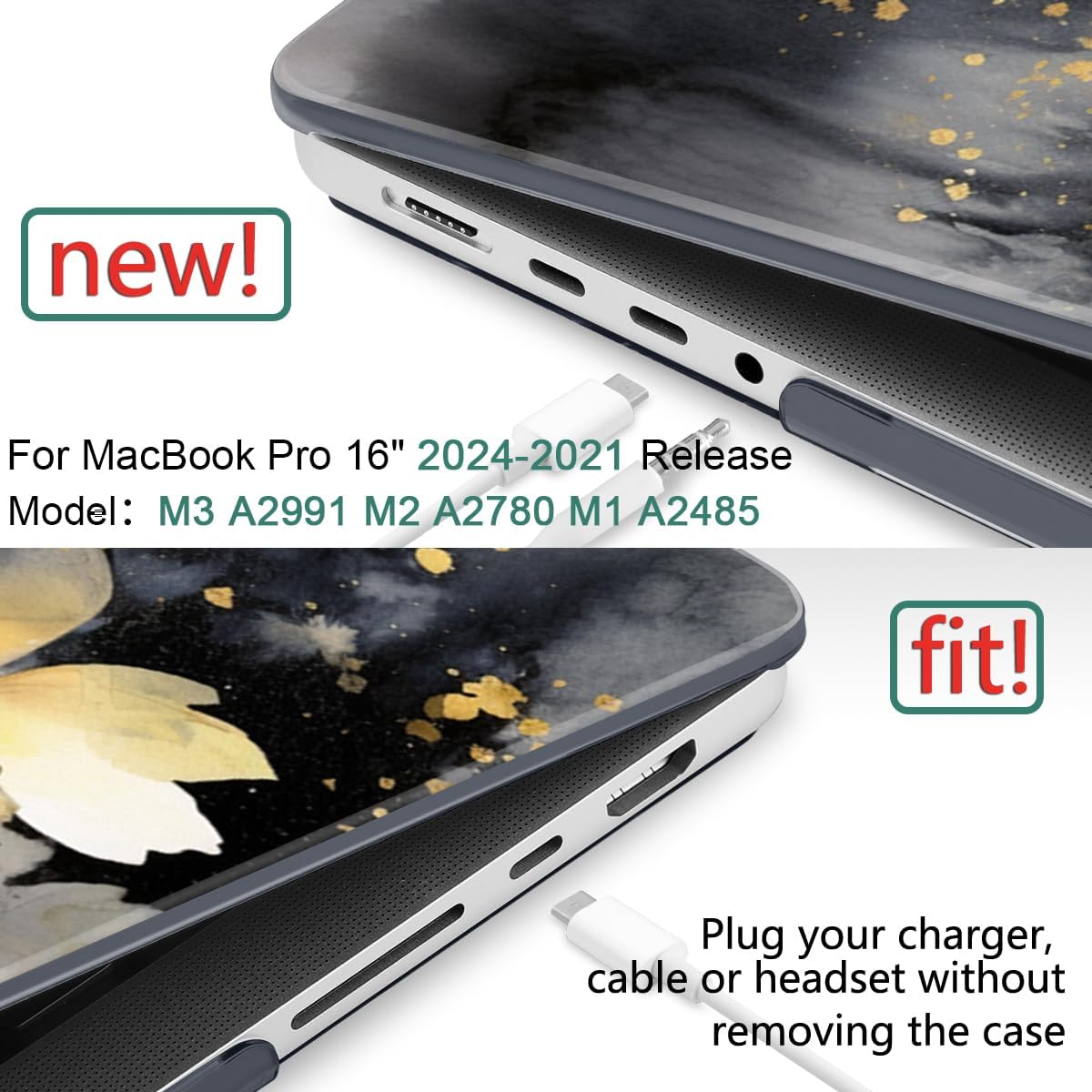 DONGKE for M4 MacBook Pro 16 Inch Case 2024 2023 2021 A3403 A3186 M3 A2991 M2 A2780 M1 A2485 Pro/Max Chip, Plastic Hard Shell Case & Keyboard Cover for Mac Pro 16 with Touch ID, Ink Flower