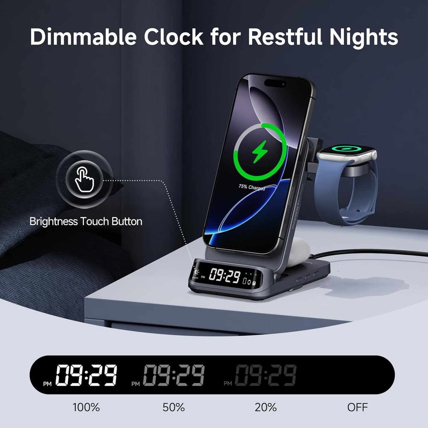 Wireless Charger Stand Compatible with MagSafe, SwanScout 708M, Foldable 3 in 1 Magnetic Wireless Charging Station for iPhone 16/15/14/13 Series, Travel Charger for Apple Watch, AirPods (No Adapter)