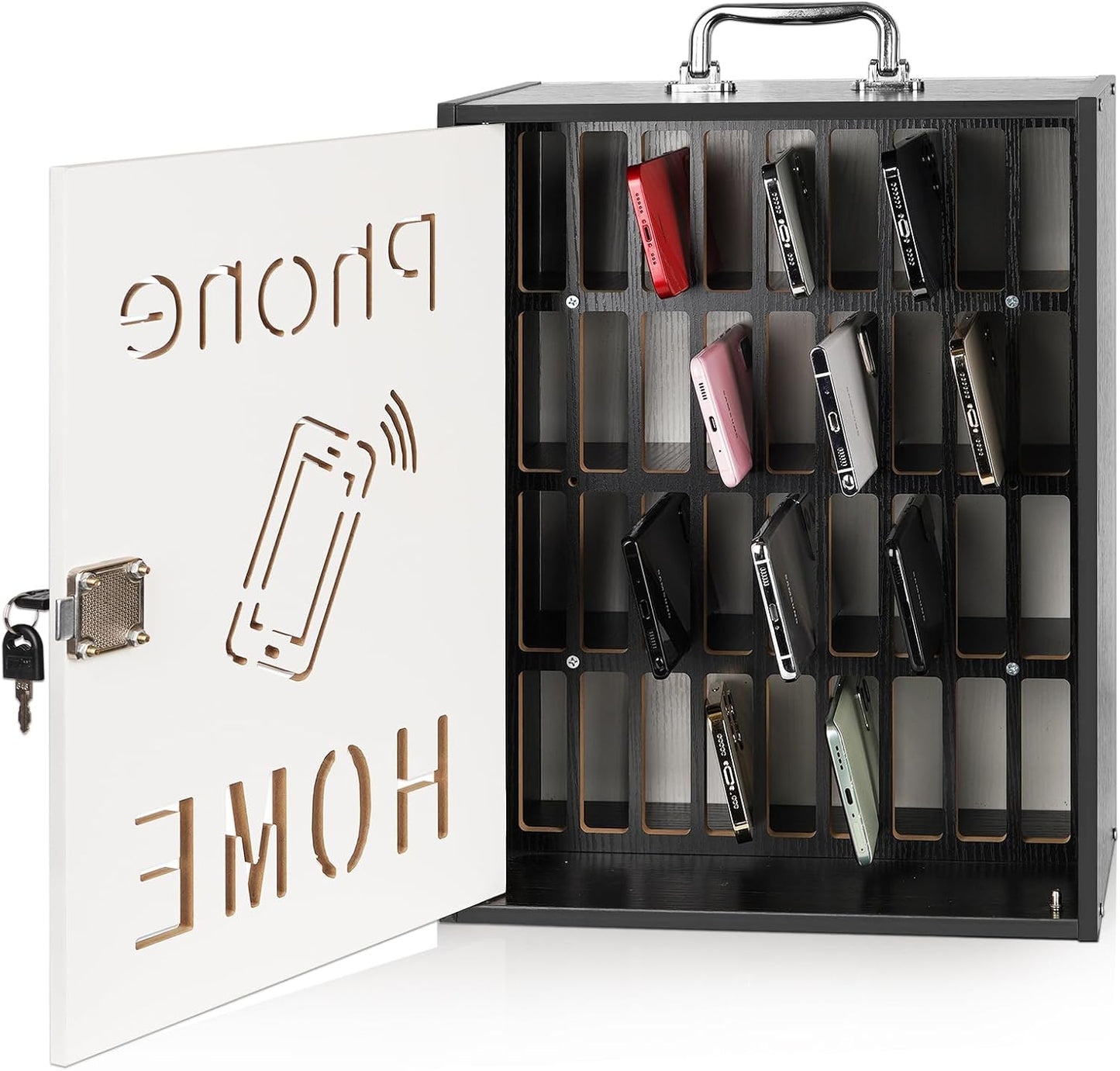 Cell Phone Holder Classroom 36 Slots Wooden Cell Phone Storage Cabinet Pocket Chart with Handle and Security Lock for Classroom Office (36 Grid Cabinet Black)