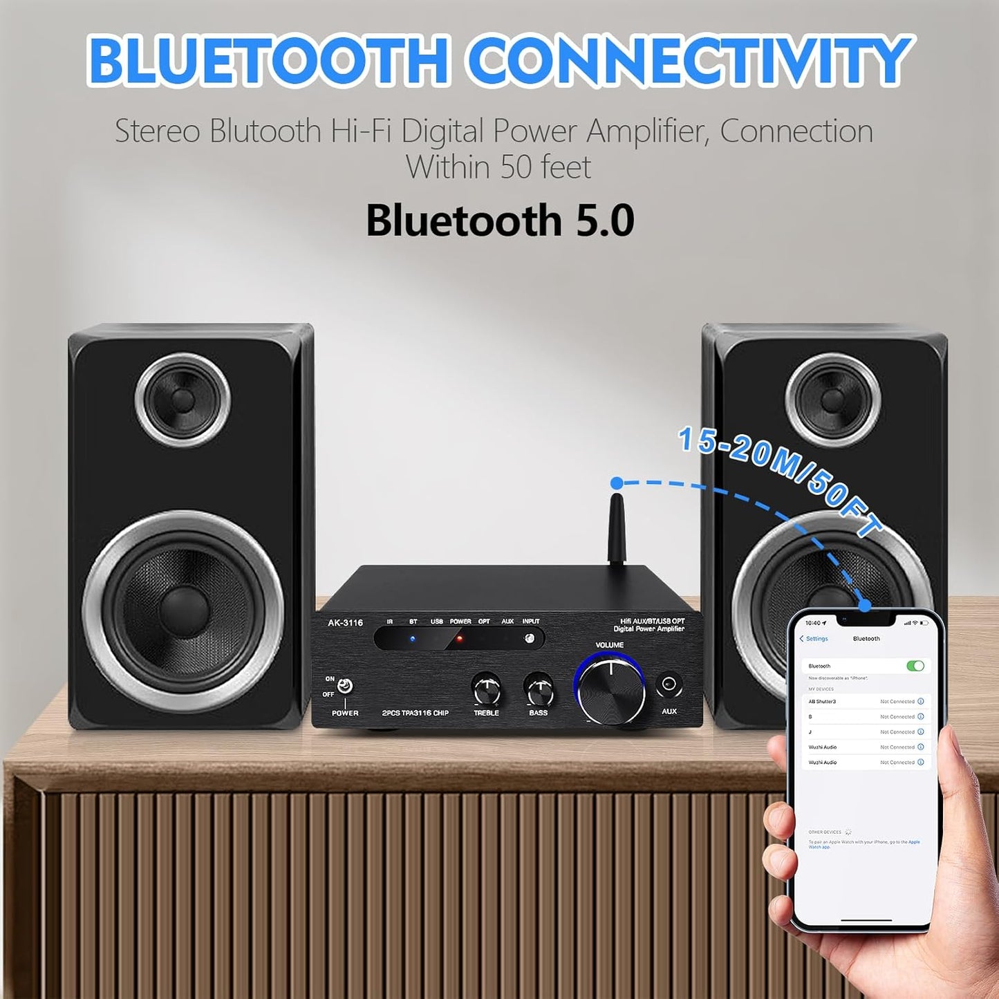 Amplifier Home Audio,Stereo Receiver Bluetooth 5.0 Power amp 100W x2 Wireless HiFi Stereo Class D Digital 2 Channel Integrated with Bass Treble Control for Passive Speakers