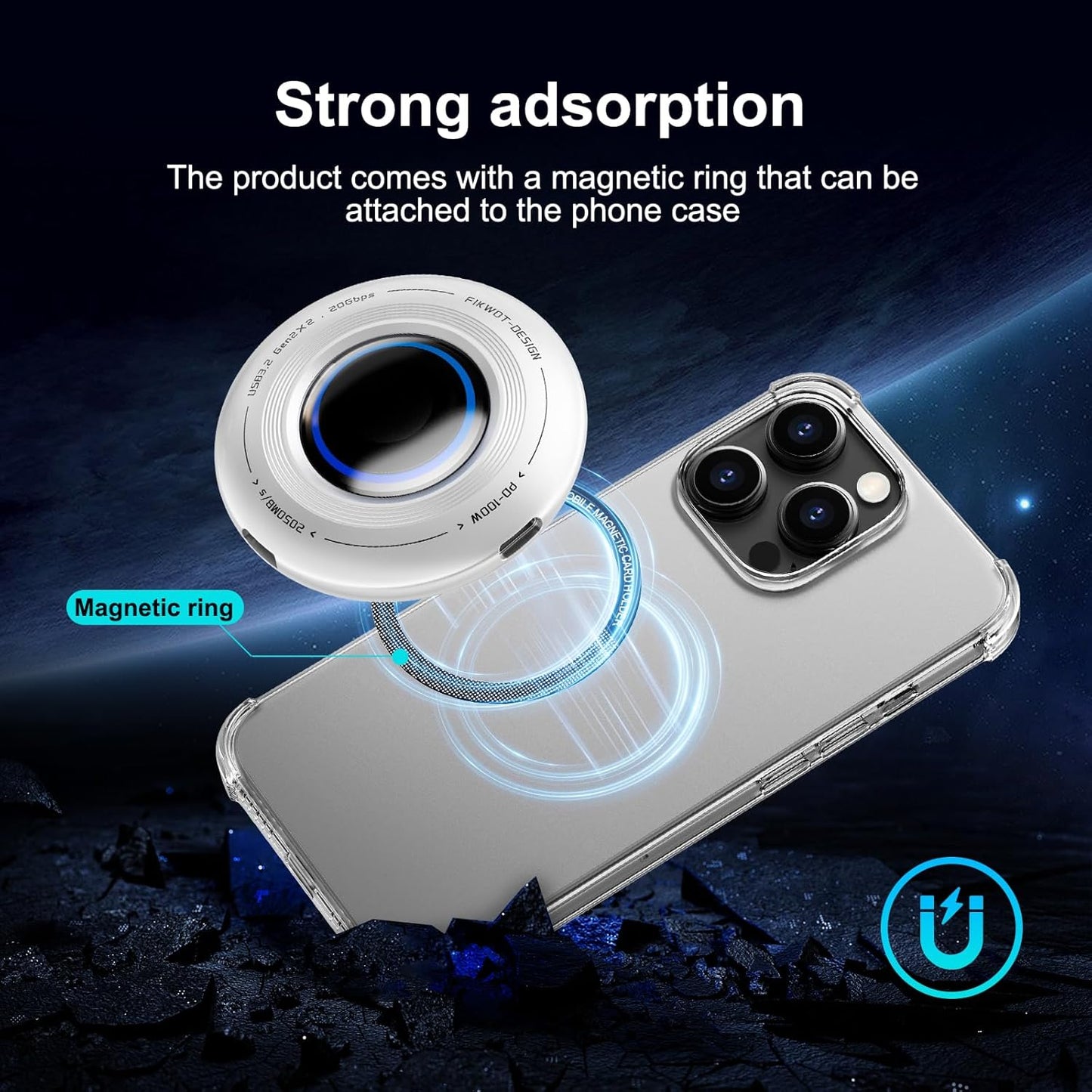 FP108 2TB Magnetic Portable SSD, External Solid State Drives with PD-100W and 2050MB/s USB-C 3.2 Gen 2x2, Play While Charging, Compatible with iPhone 16/15 Pro Max, Android, PC, Mac, Switch Lite