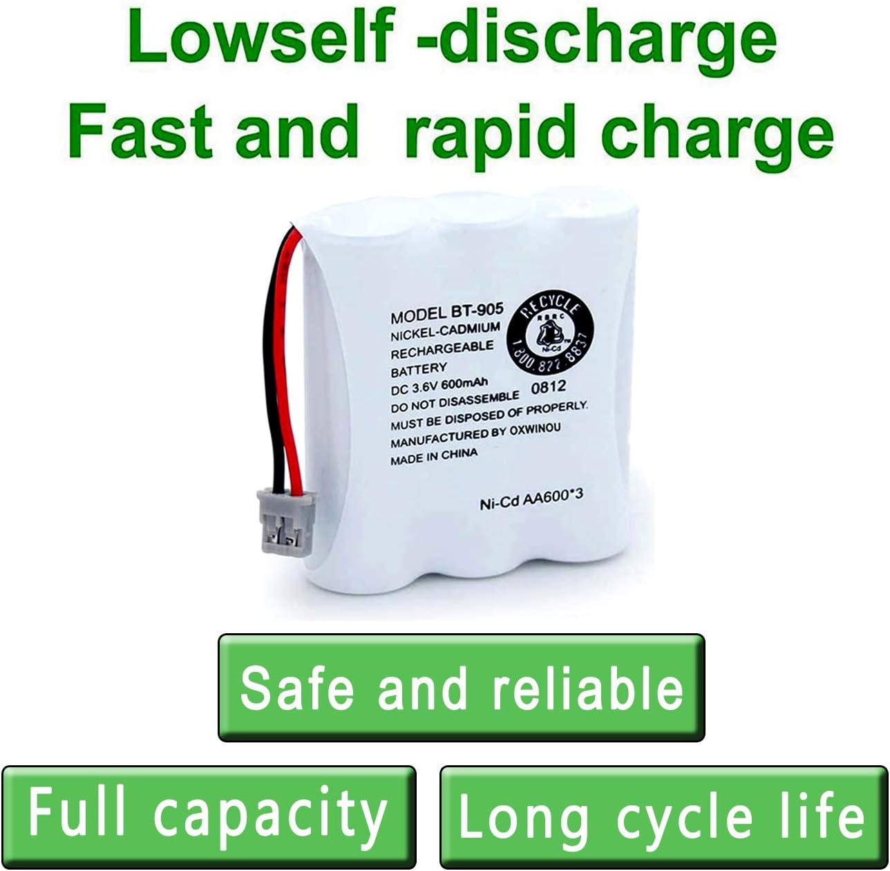 BT-905 BT905 Rechargeable Cordless Handset Phone Battery Compatible with for BBTY0663001 BBTY-0444001 BP-800 BP-905 BT-1006 3.6v 600mAh Ni-CD (2-Pack BT905)