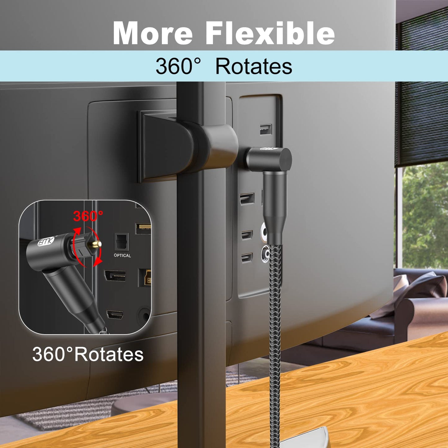 EMK 90 Degree Right Angle Optical Audio Cable [12ft/4M] - 360° Rotatable Digital Toslink SPDIF Cable for Soundbar to TV, Home Theater - Black Fiber Optic Cable with Angled Connector