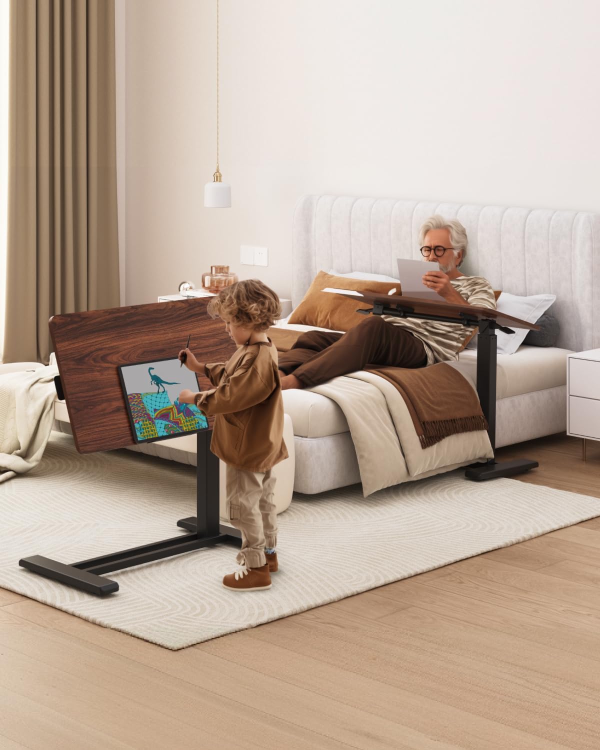 FLEXISPOT H7 PRO Mobile Standing Desk Adjustable Overbed Table Pneumatic with Wheels 90°Tiltable Portable Laptop Desk Rolling Computer Cart Foldable Bedside Table(31.5" W x 17.7" D, Mahogany)