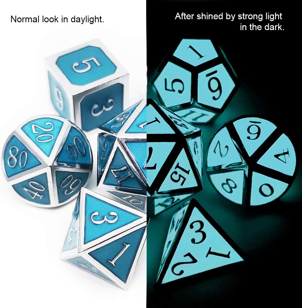 Haxtec Glow in The Dark Metal Dice Set D&D Glowing Blue Silver W/Dragon Dice Bag 7 Die D&D Dice Set Compatible with Dungeons and Dragons RPG