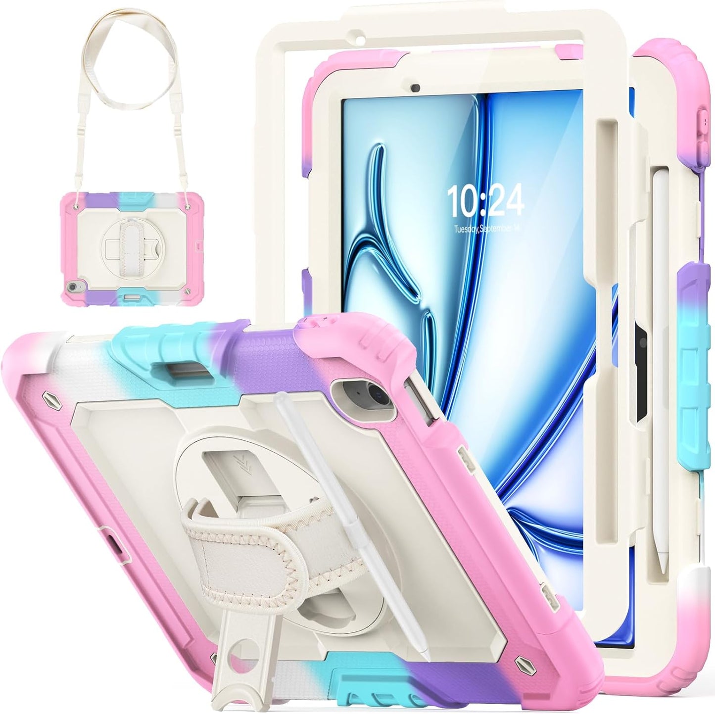 HXCASEAC Case for iPad Air 11 inch (2025 M3 / 2024 M2), Shockproof Design with Pencil Holder/Screen Protector/Rotating Hand Strap, Protective Cover for iPad Air 7th/6th Generation - Pink