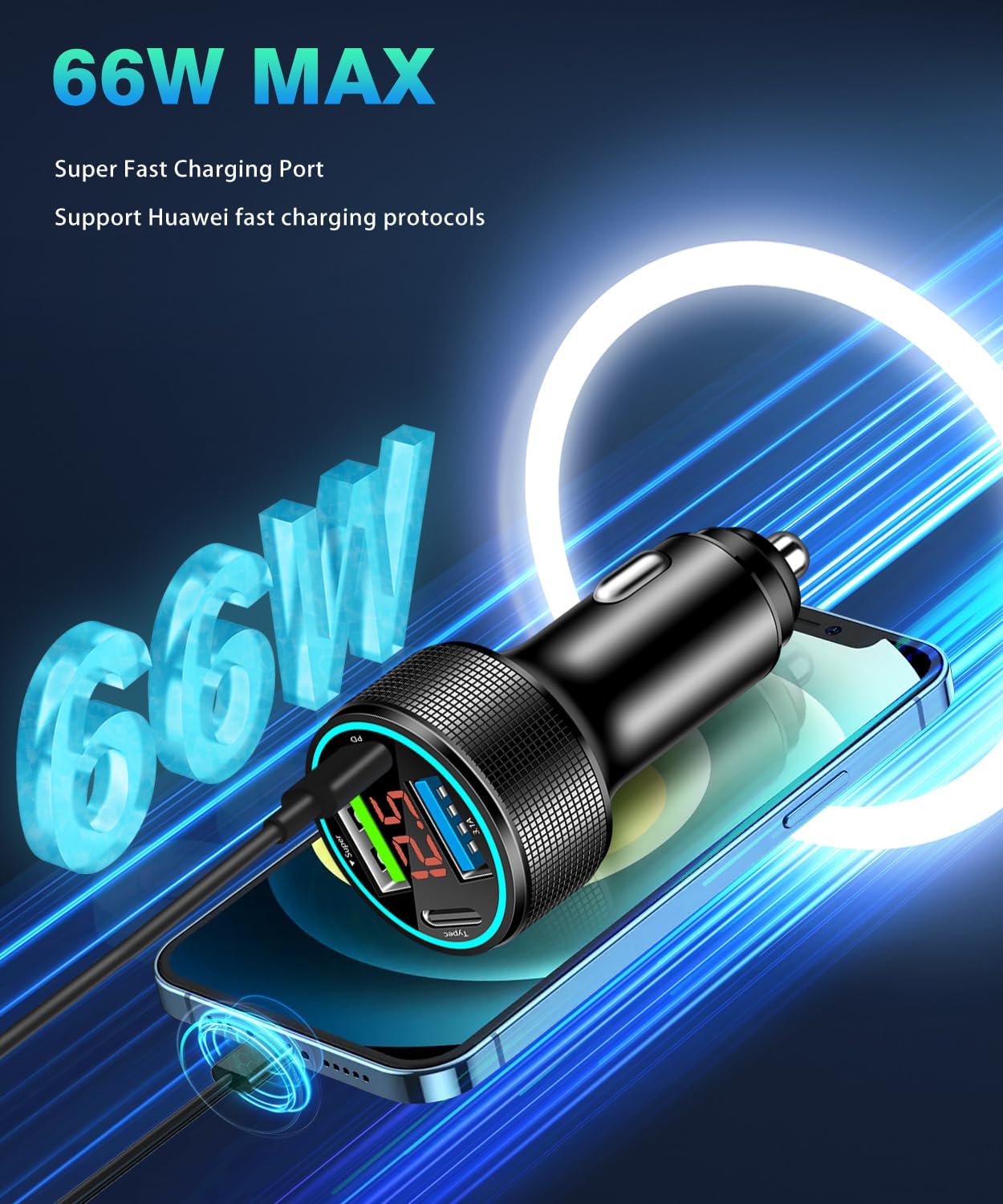 66W USB C Car Charger 4 Port Car Charger Adapter with 30W PD, 3.1A Aluminium Alloy Car Cigarette Lighter USB Charger with LED Voltmeter Compatible with Phone 15 14 13