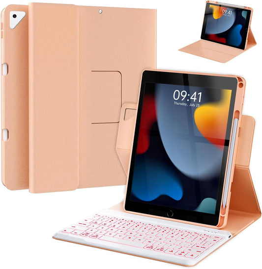 BLUTLOTUS Keyboard Case for iPad 9th/8th/7th Generation 10.2 inch,360° Rotatable iPad Pro 10.5-inch Air 3 Case with Pencil Holder,7 Color Backlit Bluetooth Keyboard Folio Cover (Rose Gold)