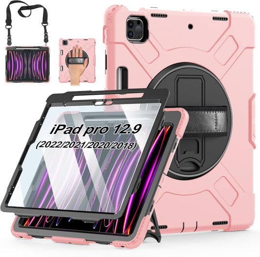 Case for iPad Pro 12.9 2022/2021/ 2020/2018: Cover for iPad Pro 12.9 6th/ 5th/ 4th/ 3rd Generation with Screen Protector- Stand- Pencil Holder- Handle- Shoulder Strap Pink