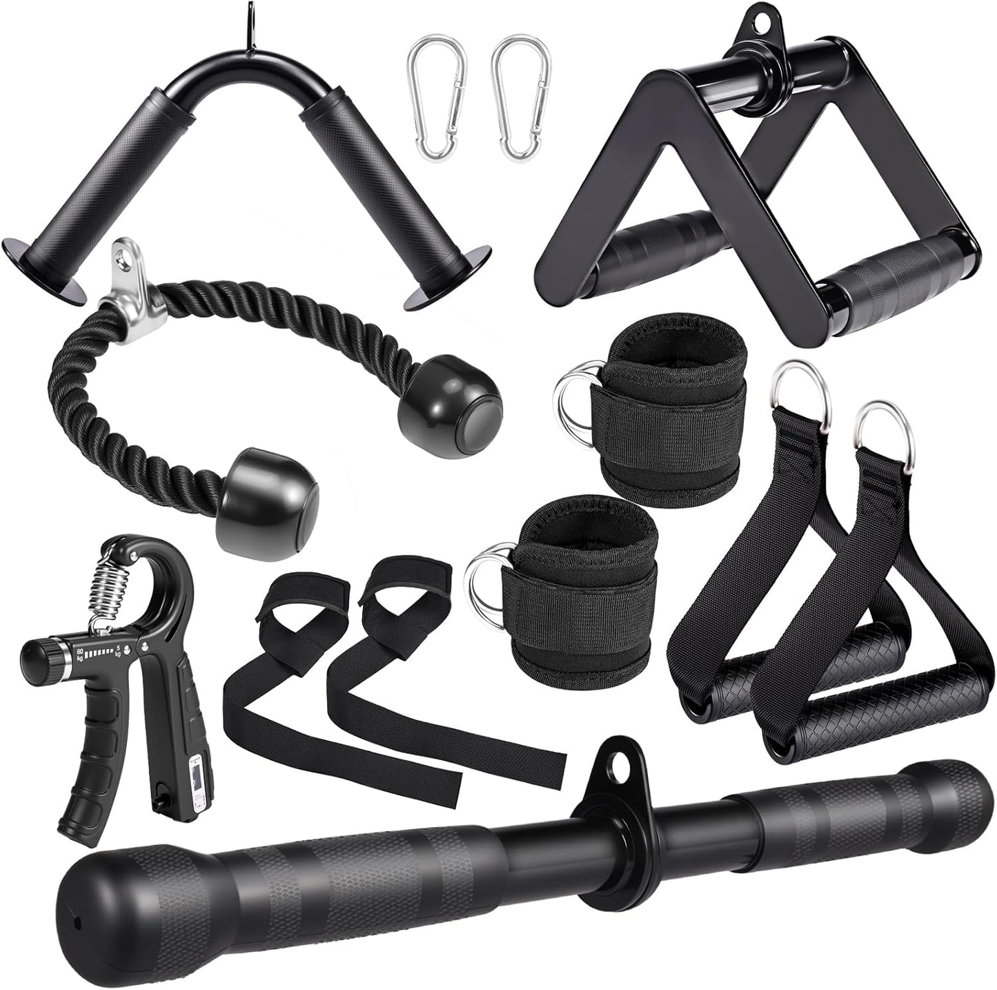 10-in-1 Cable Machine Attachments Set for Gym - Includes Tricep Rope, V-Bar, Straight Bar, D-Handle, Ankle/Wrist Straps, Storage Bag - Compatible with LAT Pulldown & Home Gym Cable Machines