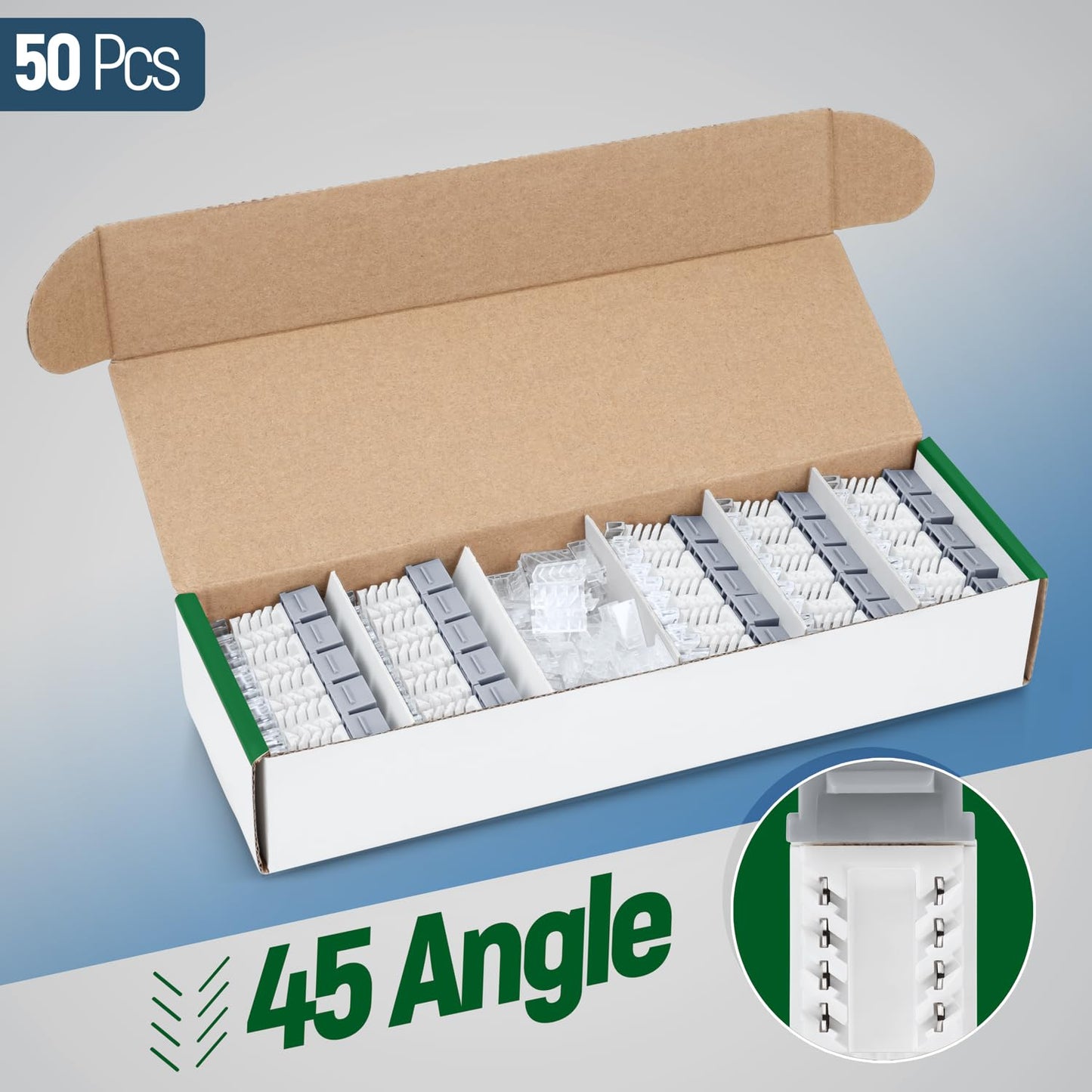 Everest 45° Angled RJ45 Cat6A Keystone Jacks 50-Pack in Gray - Slim Profile Female RJ45 Connectors - Cat 6A Keystone Jack - Compatible with 45° Angled Speed Termination Tool - 45Term (B0BL3GS7ZY)