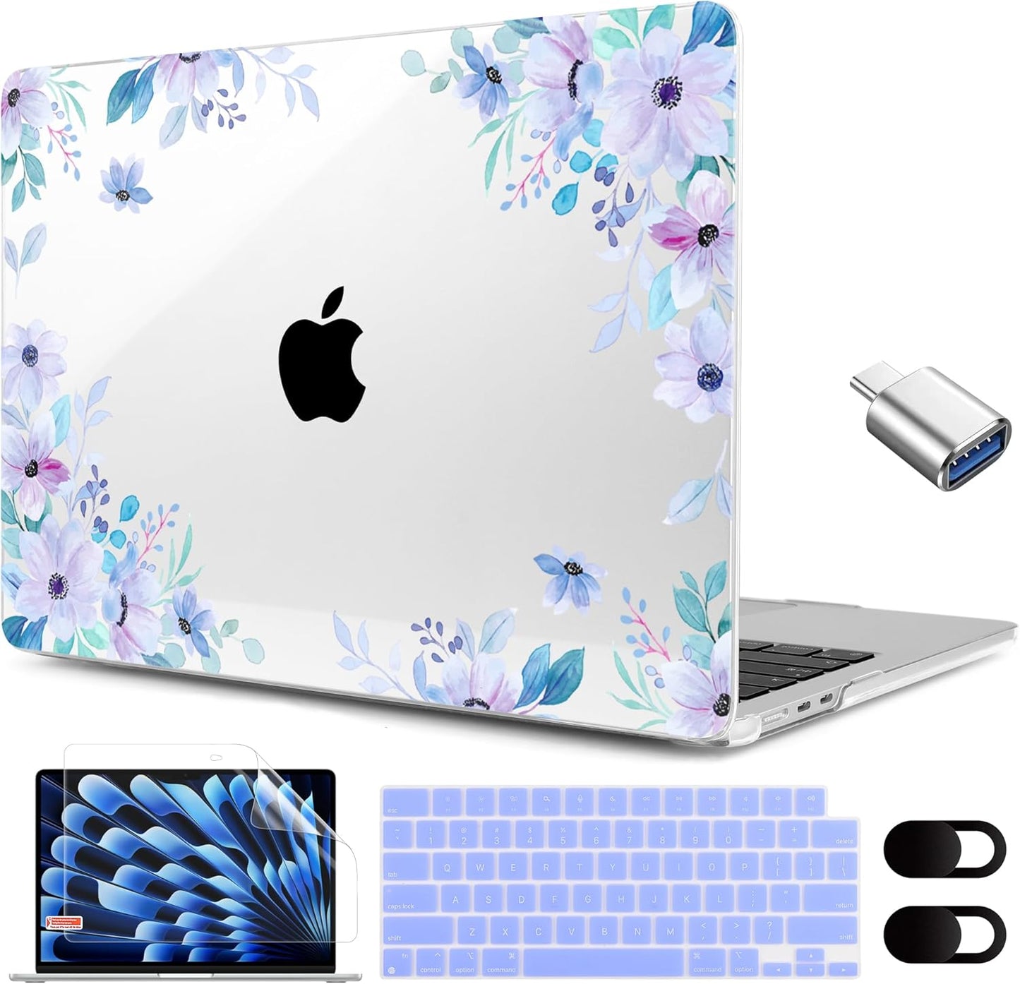 MEEgoodo for M4/M3/M2 MacBook Air 15.3 inch Case 2025 2024 2023, Case Fit Model (A3241/A3114/A2941) for MacBook Air 15 inch, Laptop Hard Shell with Keyboard Cover, Soft Purple Floral