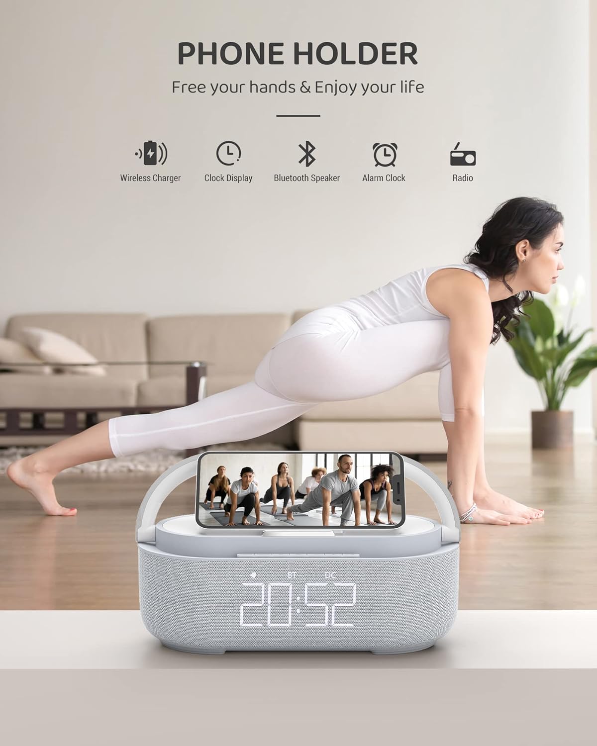 Bluetooth Speaker with Wireless Charger, FM Radio, Dimmable Bedside LED Night Light, Stereo Sound Dual Wireless Speakers, 2500mAh Portable Speaker for Home Decoration, Bedroom, Office, Gift