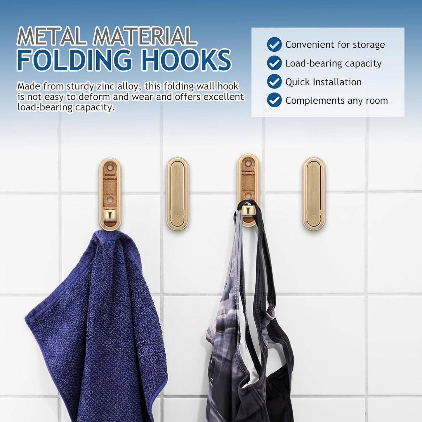 4PCS Gold Foldable Wall Hooks, Metal Folding Hooks Wall Mount, Easy Installation, Suitable for Bathroom Kitchen, Flip Down Hook for Wal l Hanging Coat, Bag, Towel, Key, Hat (Black)