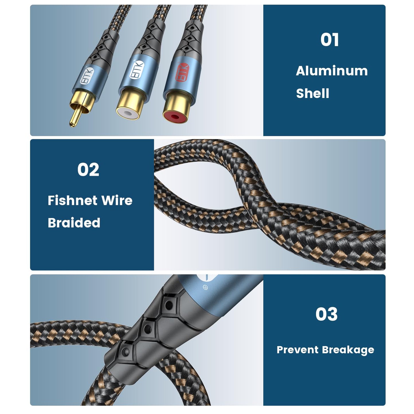 EMK RCA Splitter 1 Male to 2RCA Female Copper Shell Gold-Plated Y Adapter RCA Male to 2RCA Female Cable RCA Y Splitter Connectors Extension Cord 1ft/0.3m